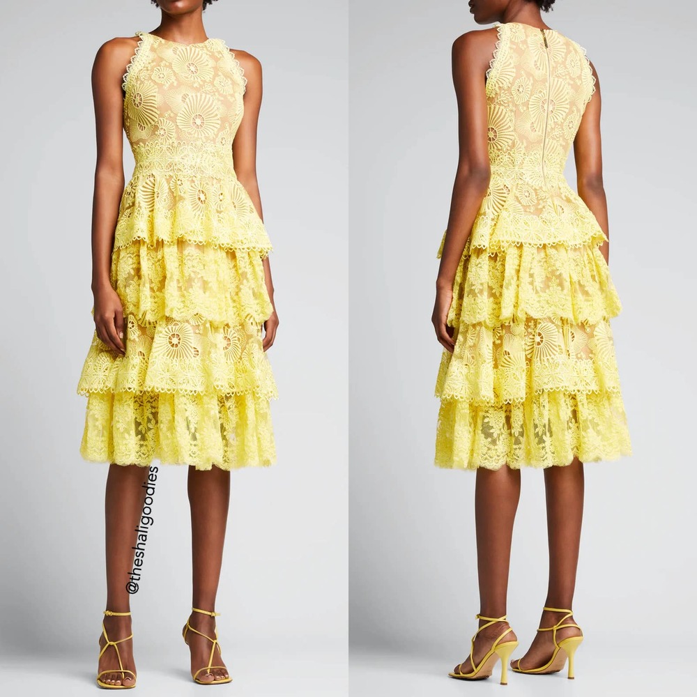 BRONX & BANCO Bridget Dress Yellow Floral Ruffle Tiered Lace Midi